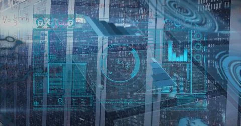 Featuring central server racks showing glowing data charts in server room, with 스톡 사진