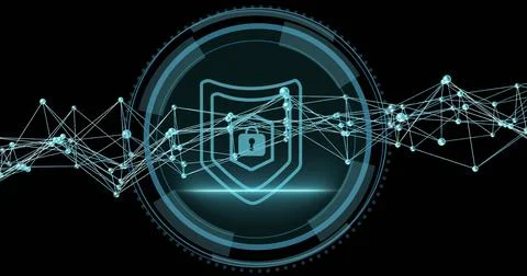 Featuring central shield emblem with padlock in circular interface in network, 스톡 일러스트
