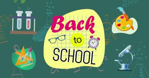 Featuring central yellow notebook panel showing Back to School on banner, with Stock Photos