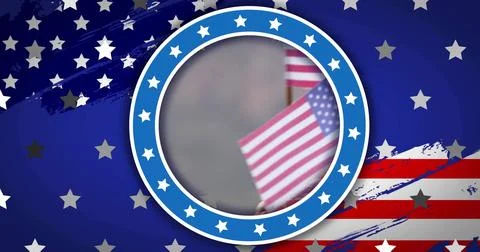 Featuring circular badge holding blurred US flags on wooden sticks in patriotic Stock Photos