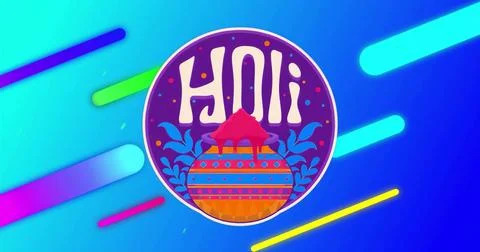 Featuring circular Holi emblem over blue backdrop with earthen pot releasing  Ilustração Stock