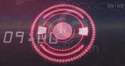 Featuring circular red gauge with segmented arcs showing numeric readout 57 on Stock Photos