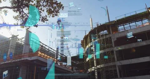 Featuring concrete framework rising at building site with crane, digital Stock Photos