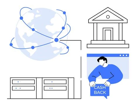 Featuring a connected globe, bank building, servers, and a person receiving c Ilustración de archivo