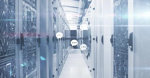 Featuring corridor flanked by network server racks in data center, with floating Stock Illustration