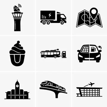 Featuring a curated grid showcases several black transportation related symbo Stock Illustration