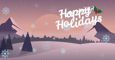 Featuring cursive Happy Holidays text, holly sprig over dusk peaks and falling Illustrazione stock