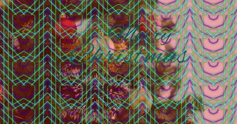 Featuring cursive Merry Christmas text on holiday card, with neon chevron lines Stock Photos