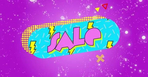 Featuring cyan pill banner declaring SALE on promotional poster, with pink Stock Illustration