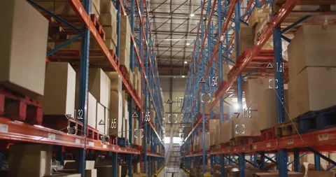 Featuring data overlay and analytics, warehouse shelves stacked with boxes Stock Footage 304161249