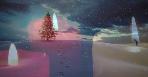 Featuring decorated evergreen tree glowing on snowy plain at twilight, with Stock Illustration