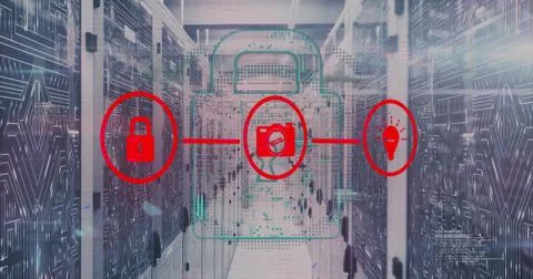 Featuring digital padlock overlay linking red icons among server racks within Stock Photos