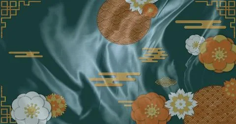 Featuring digital silk canvas pattern with gold cloud motifs, wave discs and Stock Photos