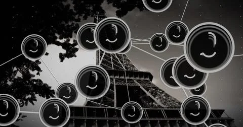 Featuring Eiffel Tower rising from base in Paris night sky, with network web and Stock Photos