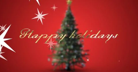 Featuring evergreen tree with ornaments, lights on red backdrop, showing gold Stock Illustration