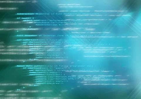 Featuring flat design faded JS code glowing over teal-cyan gradient with grid, Stock Illustration