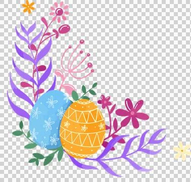 Featuring flat design two decorated eggs in stylized floral corner wreath on Stock Illustration