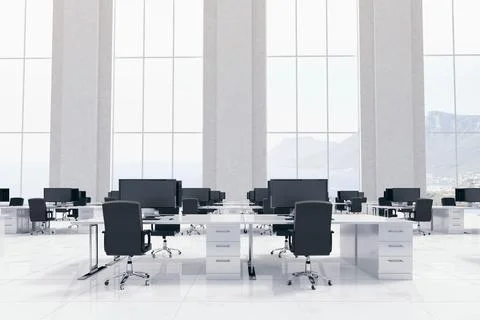 Featuring flat vector open-plan office with white desks, black chairs, monitors, Stock Photos