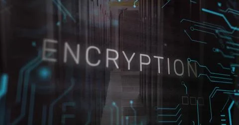 Featuring floating ENCRYPTION hovering in server room hallway along racks, with Stock Illustration