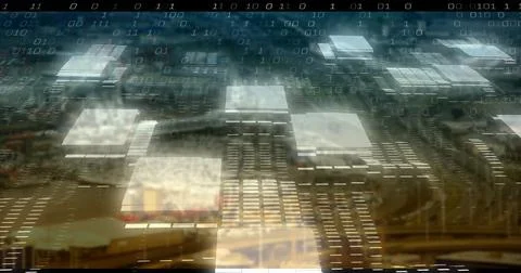 Featuring floating translucent panels hovering above city skyline with cascading Stock Photos