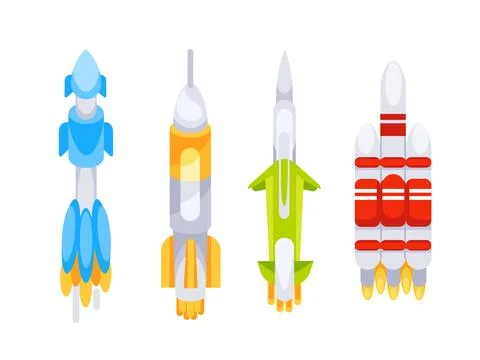 Featuring four different spacecraft models standing on launchpads and ready for Stock-Illustration