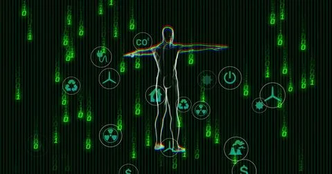 Featuring glitching avatar in data grid with falling binary environmental energy Stock Photos