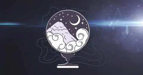 Featuring globe on stand against gradient backdrop with mountain peak, cresce Stock Illustration