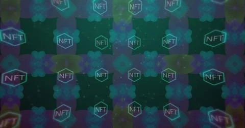 Featuring glowing pattern filling virtual display, with NFT hexagon outlines and Stock Photos