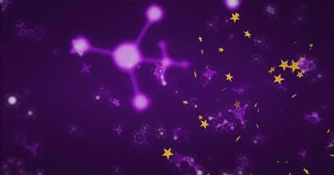 Featuring glowing purple molecular structure in digital scene, with golden stars Stock Illustration