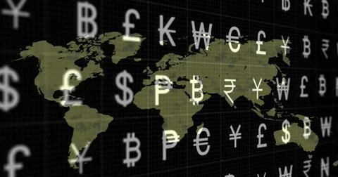 Featuring gold-hued world map floating over dark grid, displaying glowing Ilustração Stock