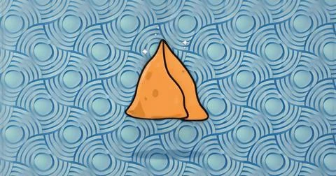 Featuring golden brown triangular pastry resting on blue pattern, with white  イラスト素材