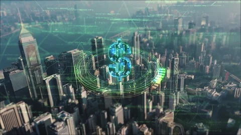 Featuring a green digital dollar symbol on a cityscape background, the video Stock Footage 232642265
