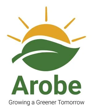 Featuring a green leaf overlapping a yellow sun, with the text arobe. Stock Illustration
