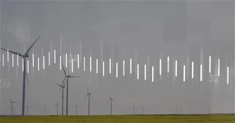Featuring group of white wind turbines rotating on grassy plain under grey sky, Stock Photos