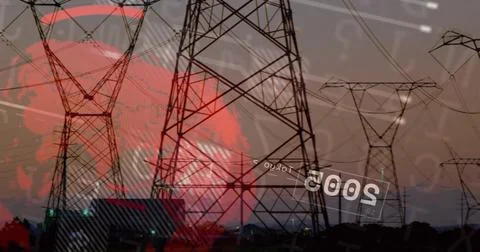 Featuring high-voltage pylons glowing in dusk outskirts, with red globe circuit 스톡 일러스트