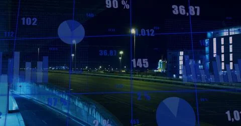 Featuring highway segment displaying data overlays at nighttime urban bridge Foto stock