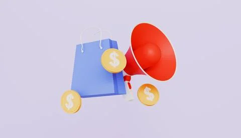 Featuring icon of megaphone, a shopping bag and coins, Promoting sales Иллюстрация