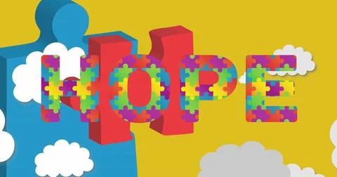 Featuring large 3D HOPE letters displaying colorful puzzle fills in mustard Stock Photos