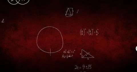 Featuring large chalk circle on red board with triangle, cone, Venn diagram, Stock Photos