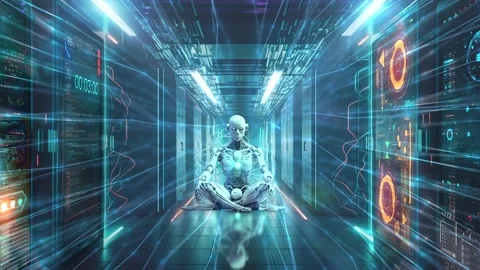 Featuring a long, modern server room hallway and a white android robot sitting Stock Footage 232662446