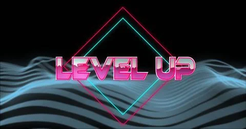 Featuring neon LEVEL UP text glowing in retro future scene, with pink cyan Stock Photos