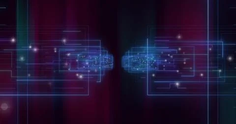 Featuring neonblue wireframe rectangles converging inward on maroon gradient  스톡 일러스트