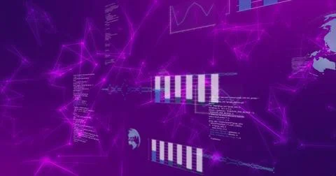Featuring network mesh floating in virtual network, with code panels, bar charts 写真素材