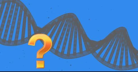 Featuring orange-gold question mark hovering on blue background, with gray DNA Stock Photos