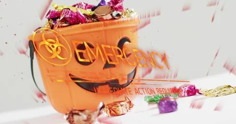 Featuring orange jack-o'-lantern bucket on white table, with biohazard overlay Stock Photos
