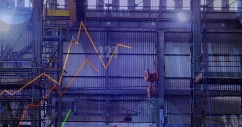 Featuring orange overhead crane hook-pulley moving across rail in warehouse,  스톡 사진
