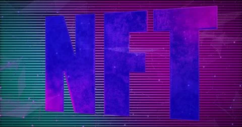 Featuring oversized NFT letters glowing on digital backdrop, with neon lines and Foto stock