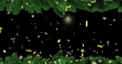 Featuring pine bough border on black field, gold confetti and snowflakes with Stock Illustration
