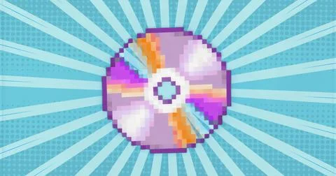 Featuring pixel-art compact disc on teal halftone pop-art background, radiating Stock Illustration