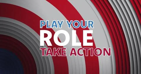 Featuring PLAY YOUR ROLE TAKE ACTION poster at studio with concentric bands and Stock Photos